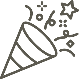 Party popper icon with confetti, streamers, and a star bursting out.